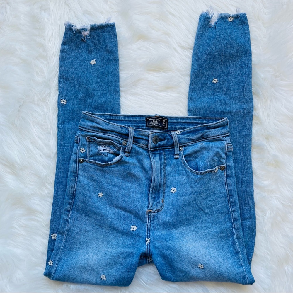 Abercrombie & Fitch Blue Jeans with White Floral Accents